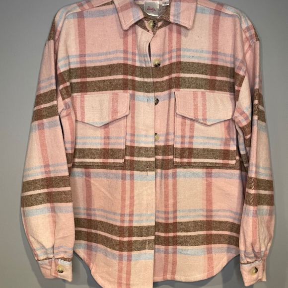 Barbie Flannel Plaid Long Sleeve Button Down Shirt Women Size XS Pink Brown Warm - Picture 1 of 5